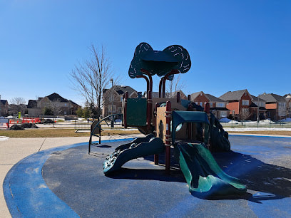 Blue playground structure with houses in the distance behind the park in Jefferson, Richmond Hill, Ontario